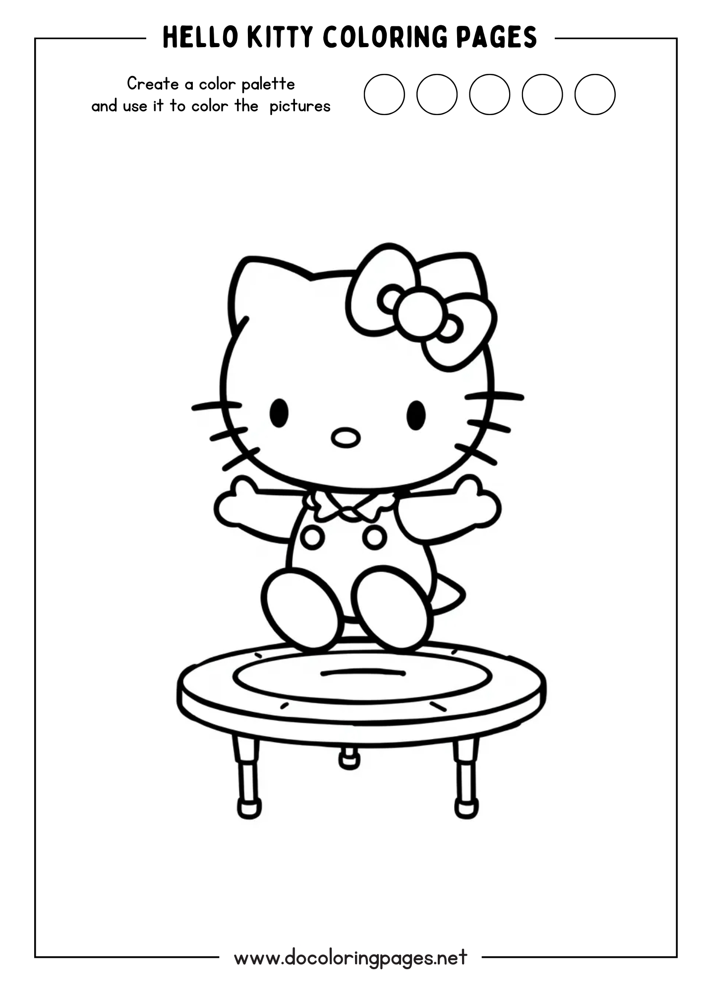 A dynamic Hello Kitty coloring page featuring Hello Kitty in mid-jump on a trampoline, perfect for active hello kitty coloring pages.