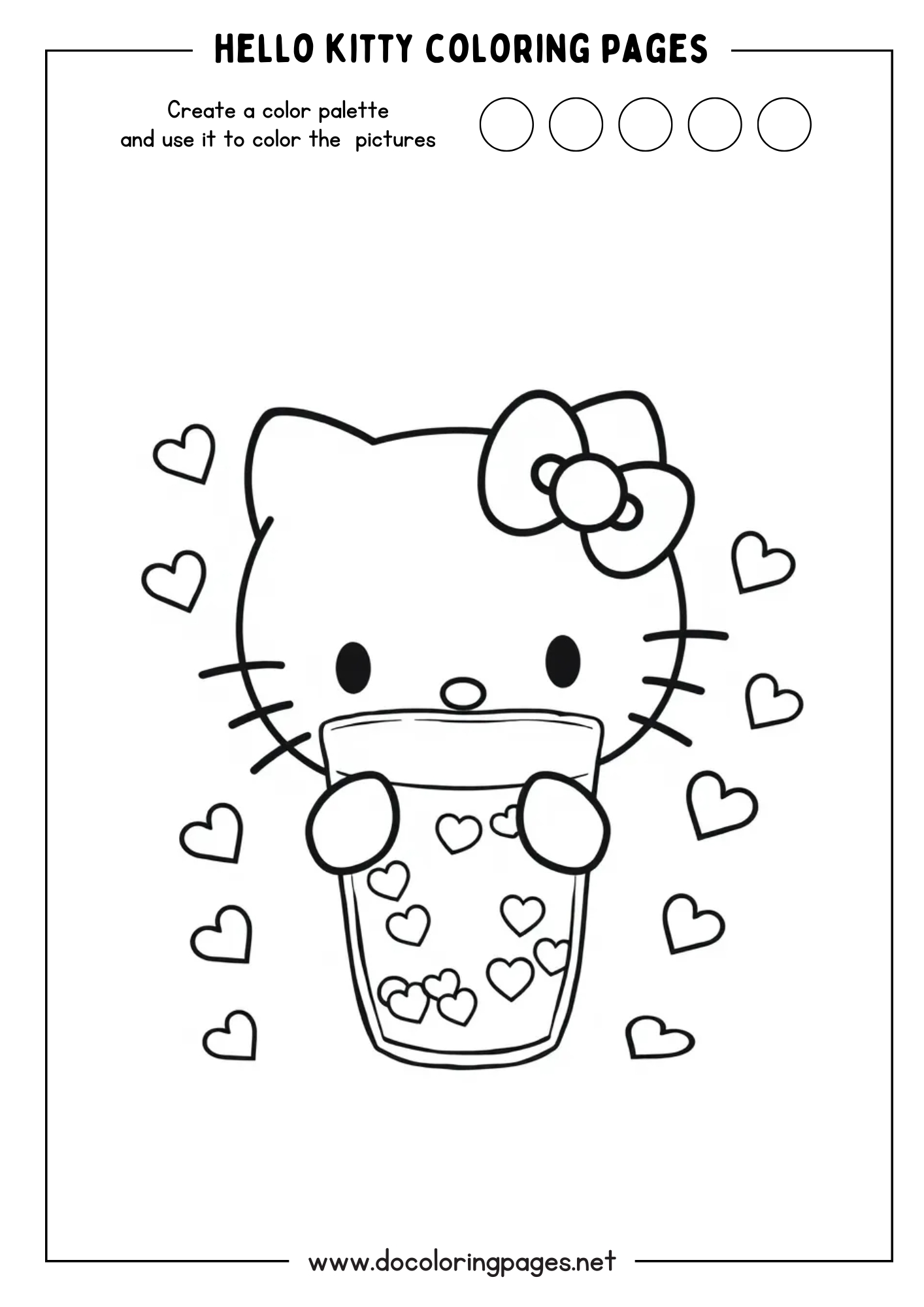 A sweet Hello Kitty coloring page showing Hello Kitty holding a glass filled with hearts, with more hearts floating around, emphasizing love and hydration.