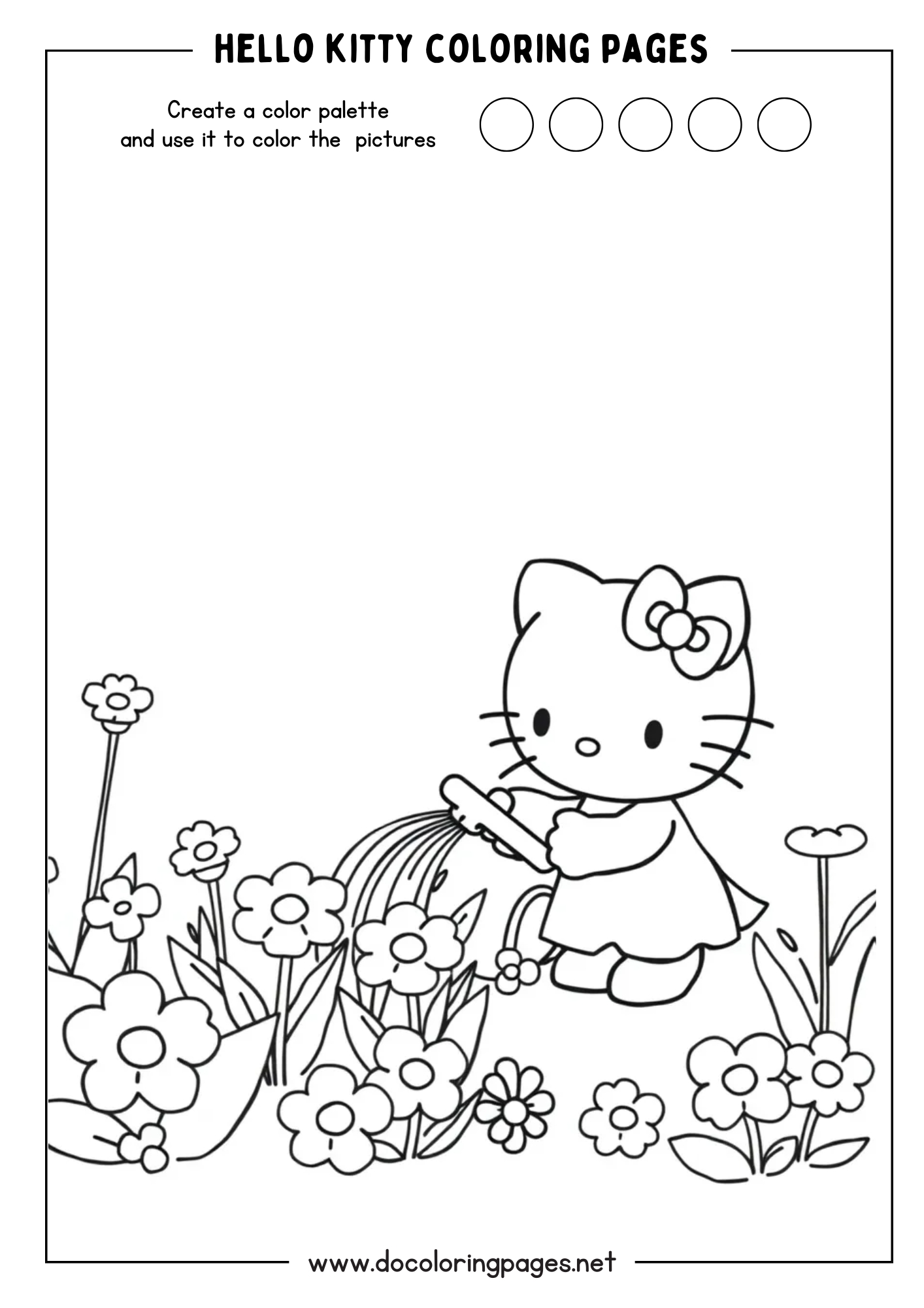 A gardening-themed Hello Kitty coloring page illustrating Hello Kitty watering a patch of various flowers with a watering can.
