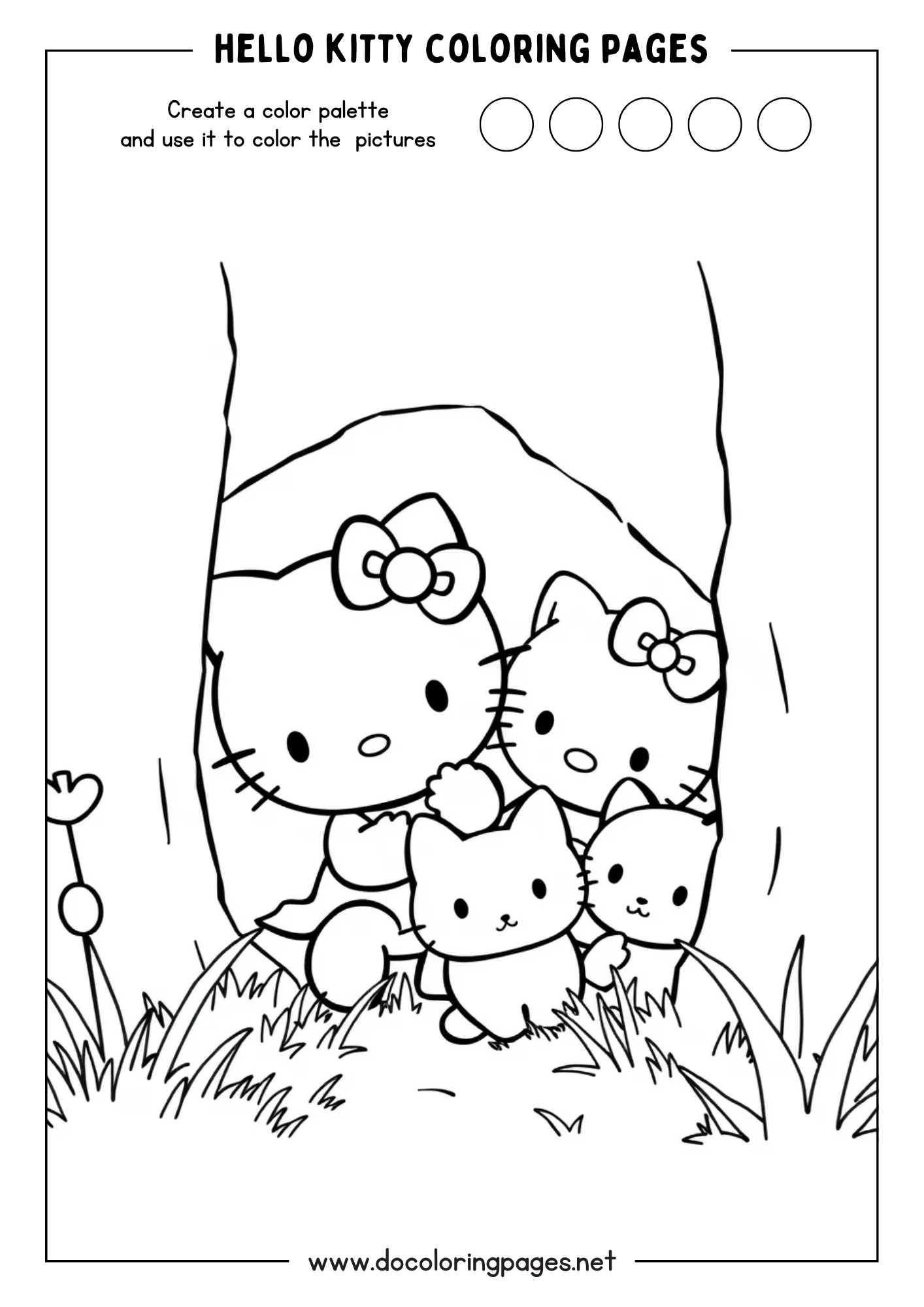 A heartwarming Hello Kitty coloring page featuring Hello Kitty surrounded by two smaller Hello Kitty-like characters or kittens in a grassy area with trees, ideal for family-themed hello kitty coloring pages.