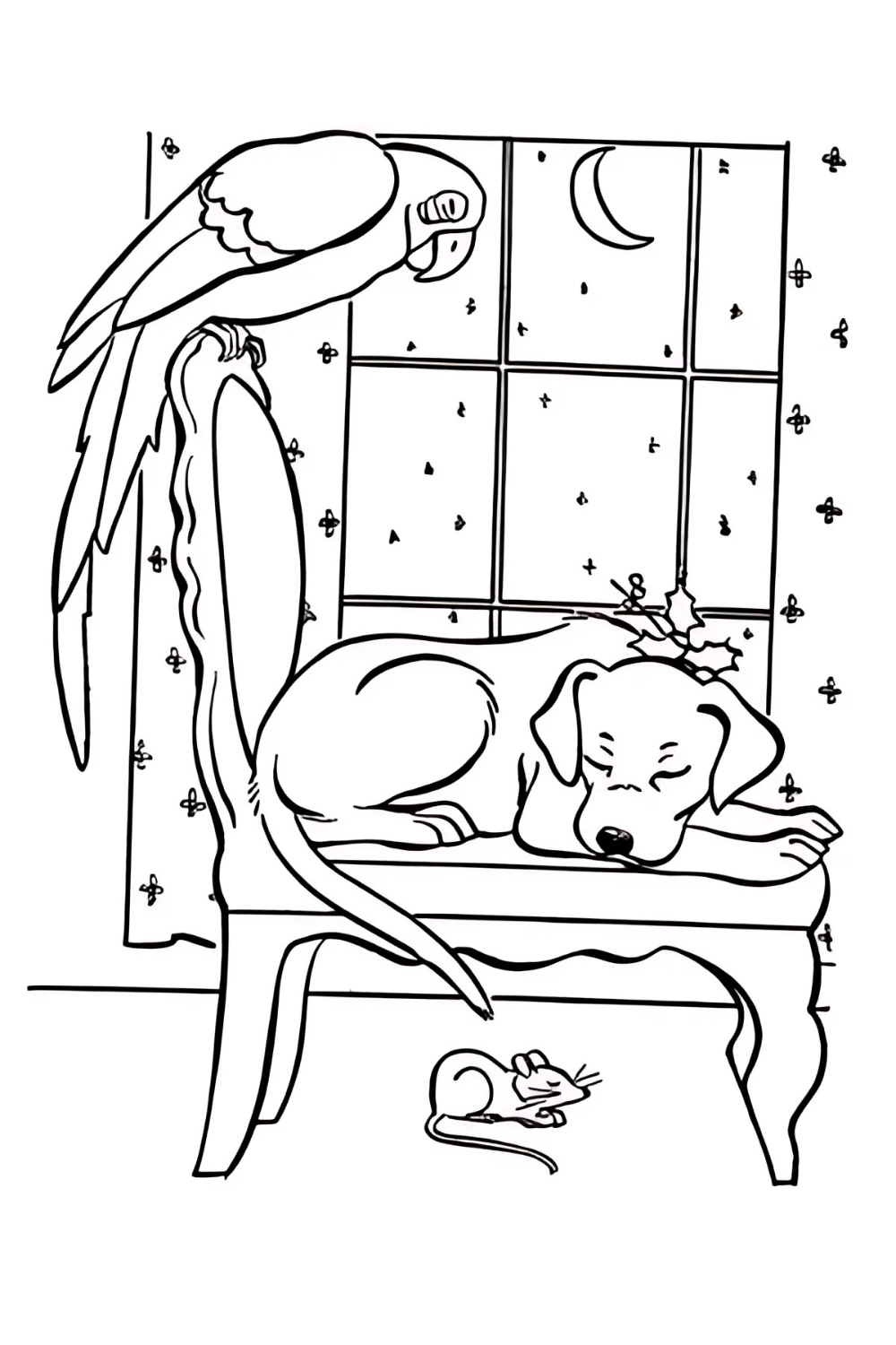 A black-and-white line art coloring page showing a peaceful indoor scene on Christmas night. A dog is sleeping on a long chair or bench, with a small sprig of holly on its head. Perched on the tall back of the chair is a large parrot looking down at the dog. Below the bench, a small mouse rests on the floor. In the background, a window shows a crescent moon and falling snow in the night sky.