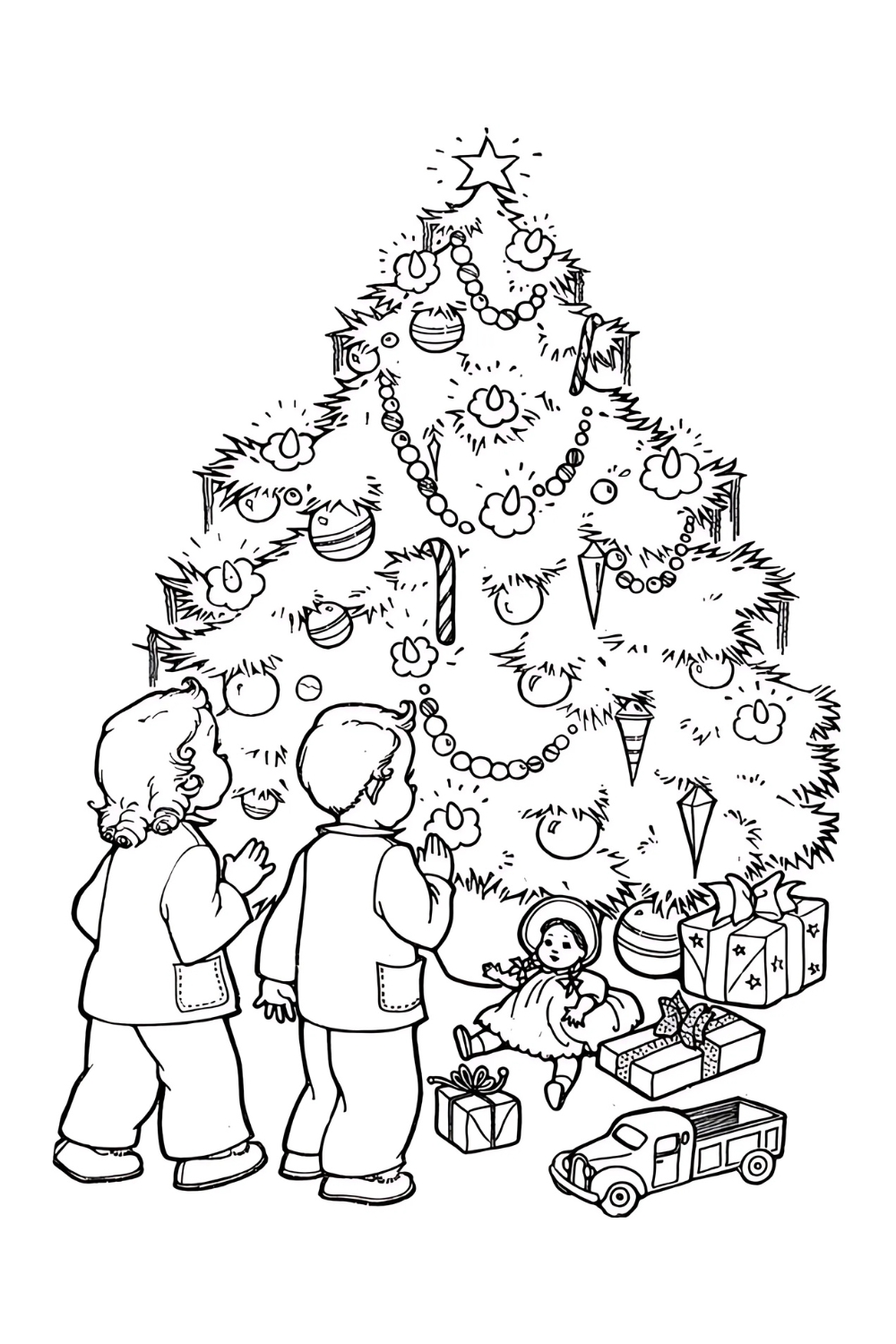 A black-and-white line art coloring page depicting a classic Christmas scene. A young boy and girl, seen from the back, stand in front of a large, fully decorated Christmas tree. The tree is adorned with a star topper, garlands, and various ornaments. At the base of the tree are several wrapped presents, a doll, and a toy truck.