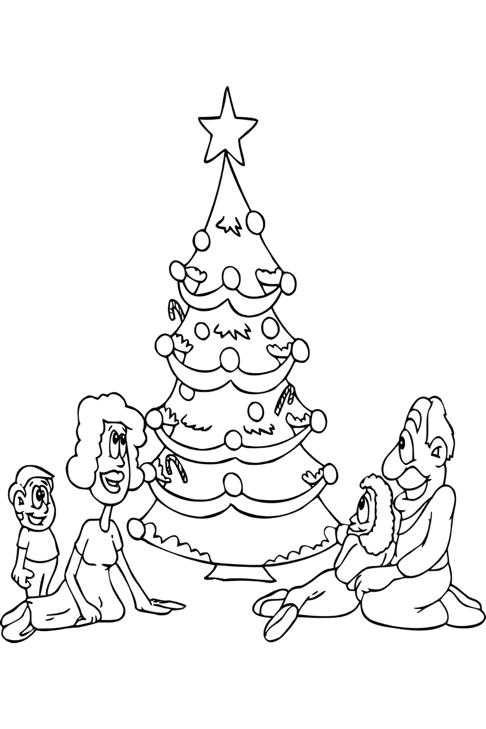 A black-and-white line art coloring page showing a cartoon family gathered around a Christmas tree. On the left, a mother and a small boy are sitting on the floor, smiling. On the right, a father with a mustache sits on the floor, holding a small, fluffy dog in his lap. In the background is a decorated Christmas tree with a star on top, round ornaments, and candy canes.
