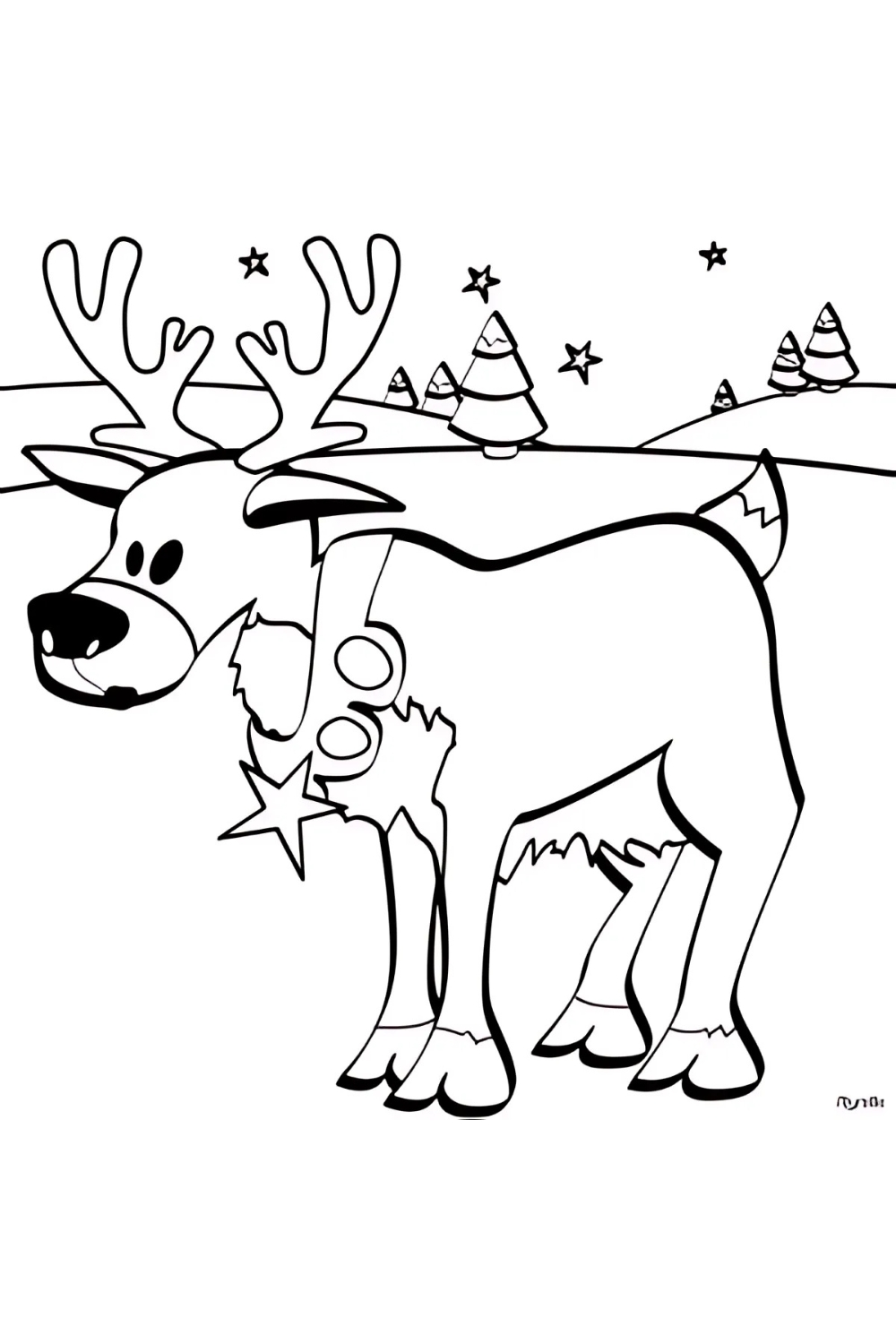 A simple black-and-white coloring page featuring a cartoon reindeer in a snowy landscape. The reindeer is shown in profile, facing left, with large antlers and a prominent nose. Around its neck is a festive collar decorated with circles and a large, five-pointed star. The background consists of rolling snowy hills with several small, stylized Christmas trees and stars scattered in the sky.