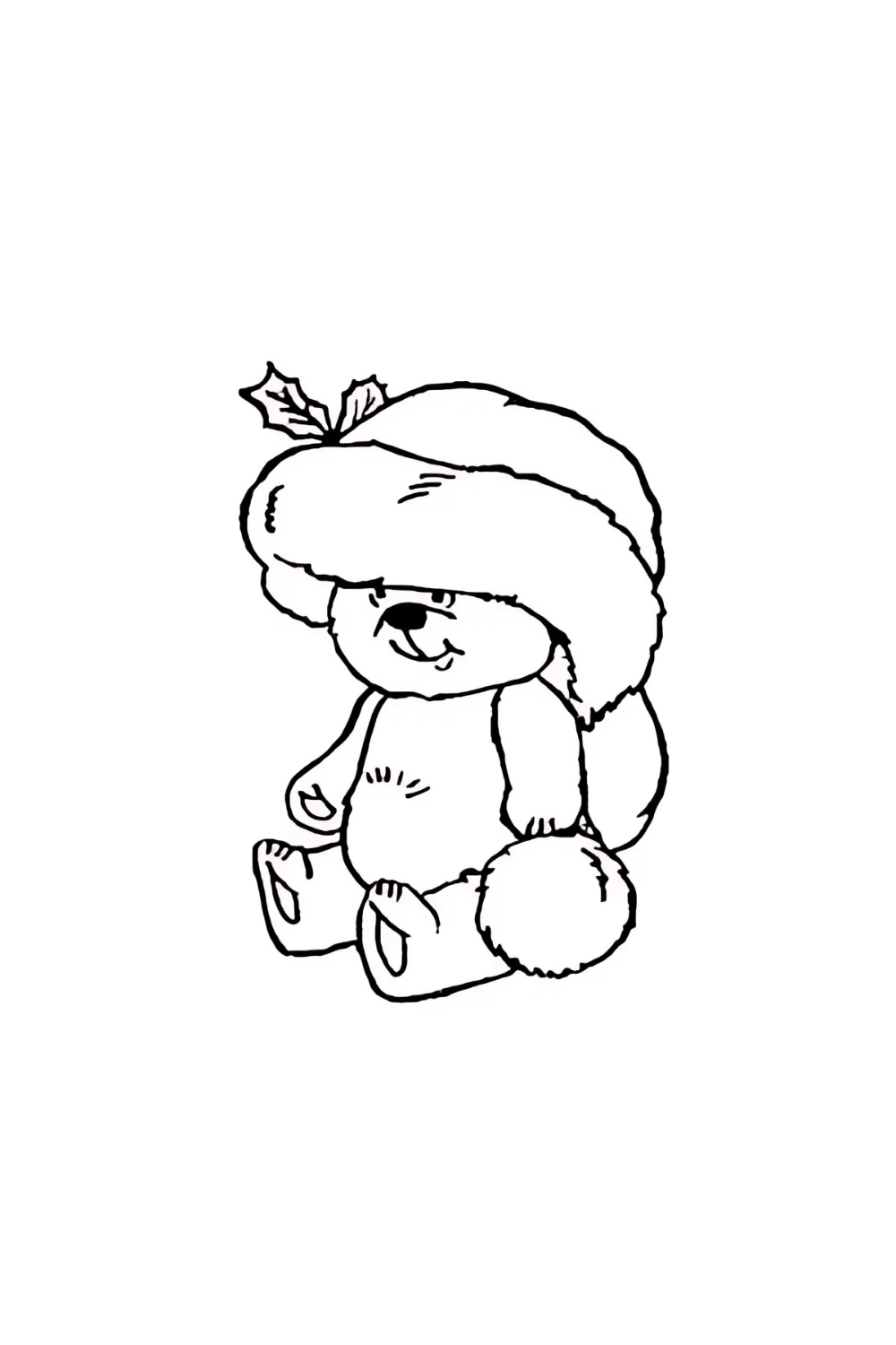 A black-and-white line drawing of a cute teddy bear sitting down, intended as a coloring page. The bear is wearing a large, fluffy Santa-style hat that covers its eyes. A sprig of holly with leaves and berries adorns the hat, and its large pom-pom rests on the ground beside the bear.