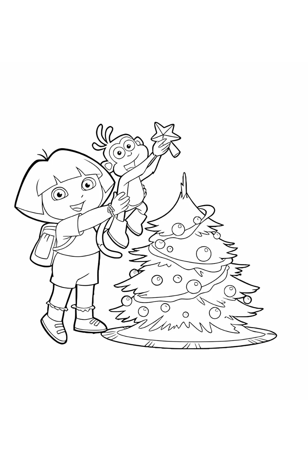 A black-and-white coloring page featuring Dora the Explorer and Boots the monkey decorating a Christmas tree. Dora, wearing her backpack, is smiling as she holds Boots up. Boots is holding a star in his hand, getting ready to place it on the top of the decorated tree.
