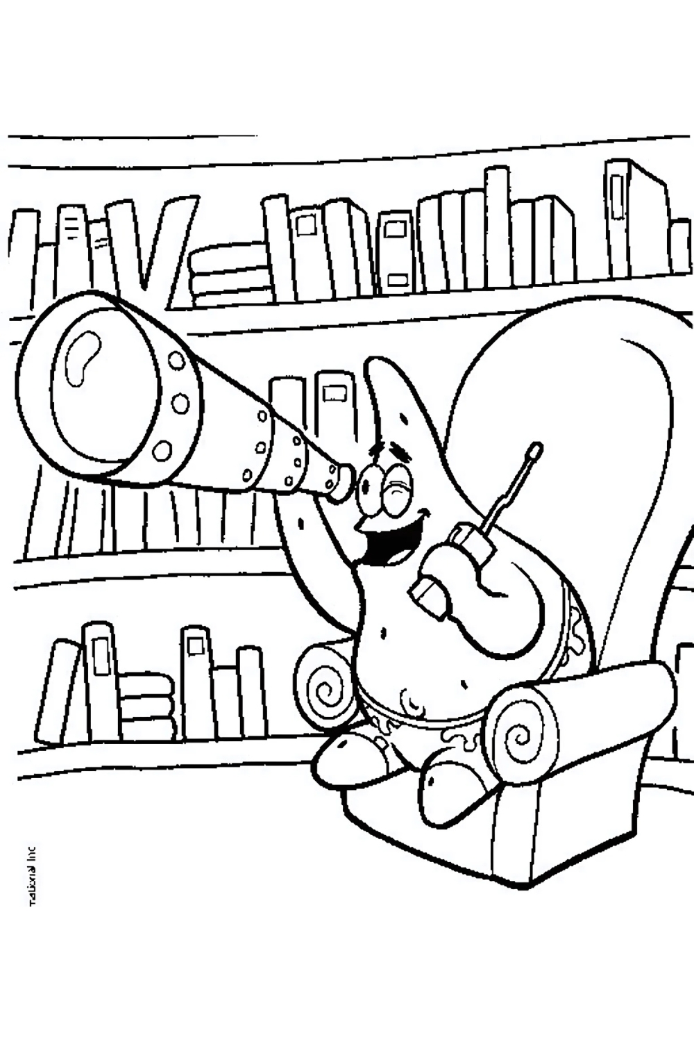 A black-and-white coloring page featuring Patrick Star from the cartoon SpongeBob SquarePants. Patrick is sitting in a large armchair in front of bookshelves filled with books. He is smiling and looking through a large telescope with one eye, while holding a bubble wand in his other hand. The image is a line drawing intended for coloring.