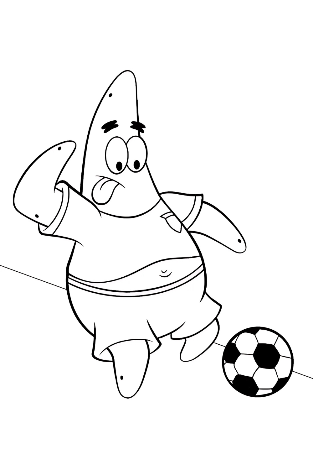 A black-and-white line art coloring page featuring Patrick Star from the cartoon "SpongeBob SquarePants". Patrick is dressed in a soccer uniform, including a jersey and shorts, and is depicted in mid-action as if he's about to kick a soccer ball at his feet. He has a comical, focused expression with his tongue sticking out and his eyes looking down at the ball.