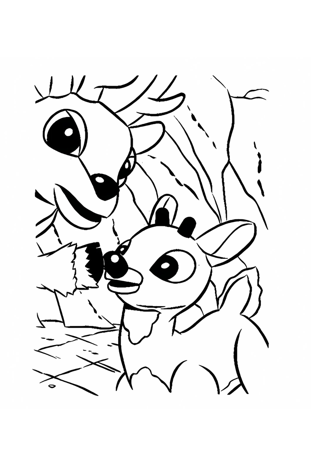A black-and-white line art coloring page featuring two cartoon reindeer. An adult reindeer, presumably Donner, is on the left, looking down with a gentle expression at a smaller, young reindeer. The young reindeer, Rudolph, is in the foreground, looking up at the adult with large, expressive eyes and a prominent round nose. The background is simply drawn to suggest a cave or rocky outcrop.