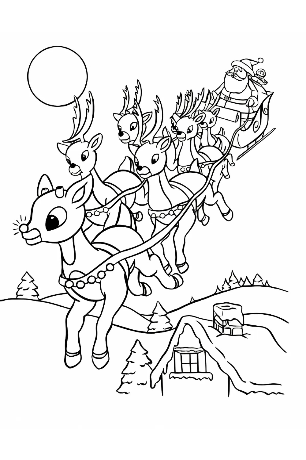 A black-and-white line art coloring page of Santa Claus flying in his sleigh. The sleigh is being pulled by a team of reindeer, led by Rudolph the Red-Nosed Reindeer in the foreground. Santa is visible in the sleigh, holding the reins. They are flying over a snow-covered house and trees, with a large full moon in the sky above.