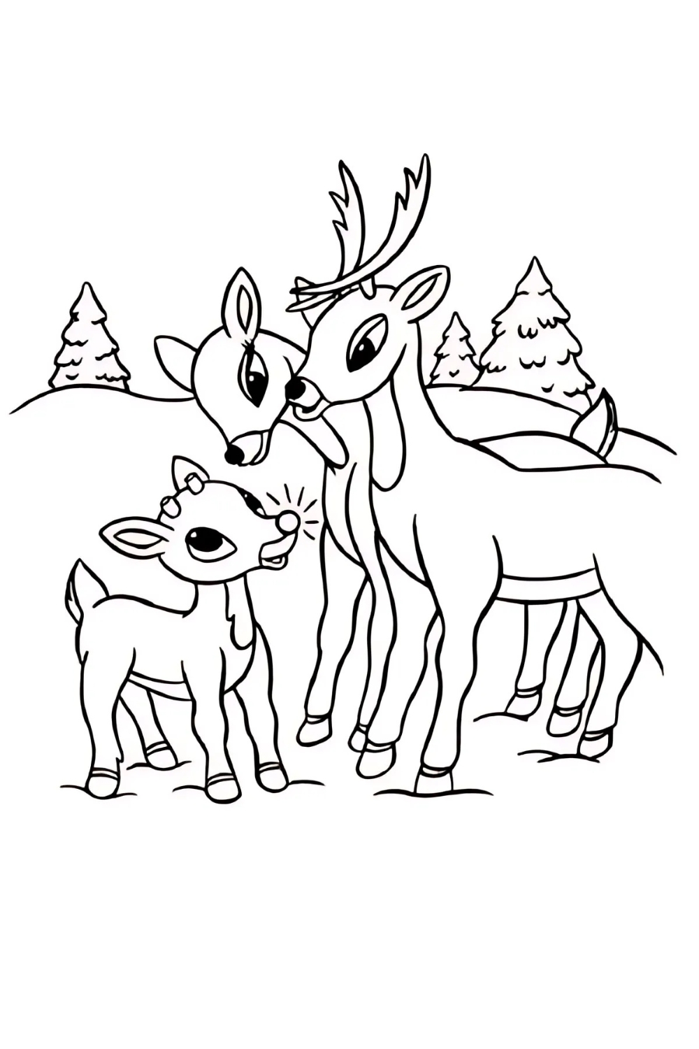 A black-and-white line art coloring page of a reindeer family in a winter scene. An adult male reindeer with antlers and a female reindeer stand together, affectionately looking down at a small, young reindeer. The young reindeer, Rudolph, is in the foreground looking up, with lines around his nose to indicate it is glowing. The family is standing in the snow with simple pine trees on hills in the background.