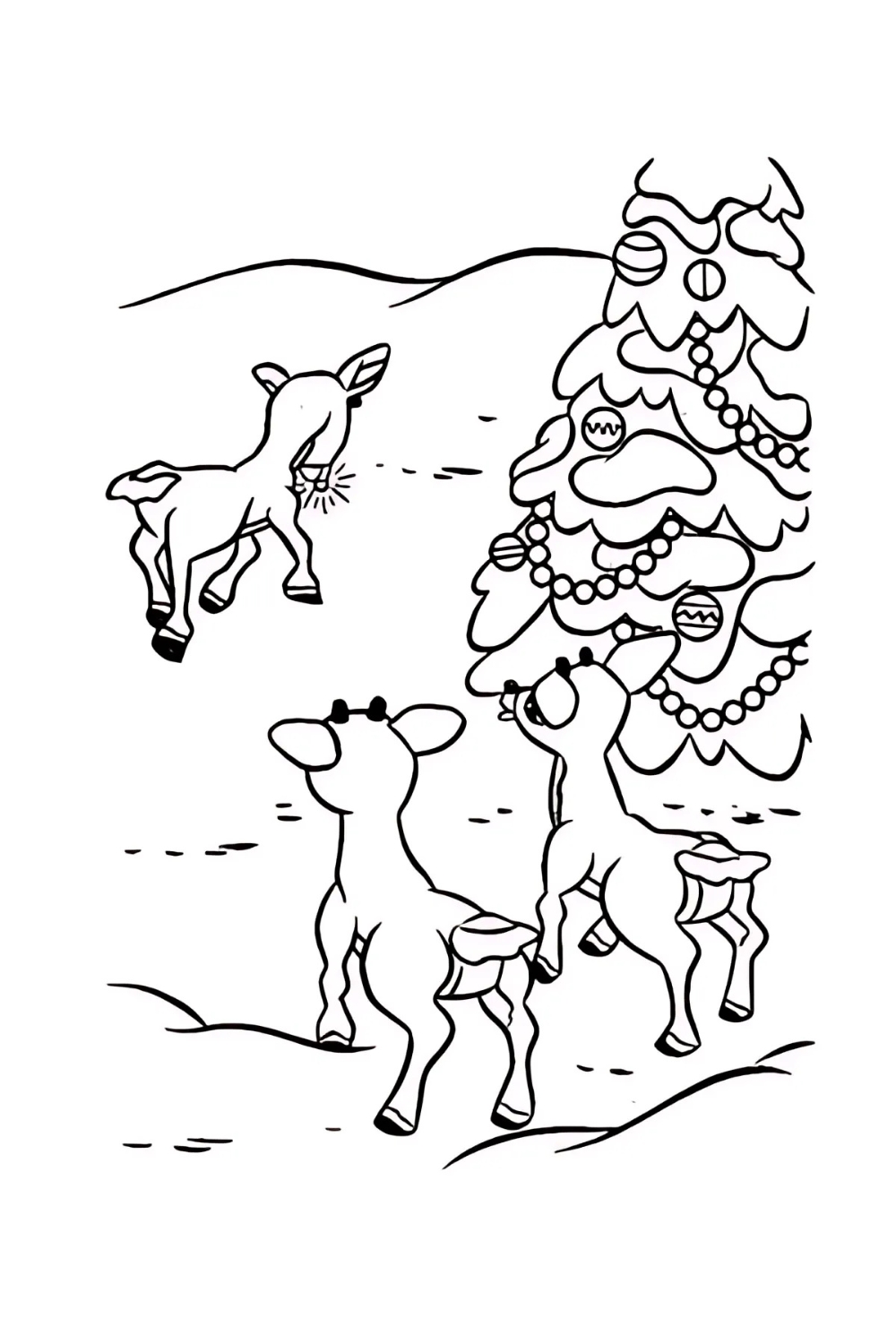 A black and white line art coloring page depicts three young reindeer in a snowy, outdoor scene with a decorated Christmas tree. In the foreground, two reindeer stand with their backs to the viewer, looking up at the Christmas tree. The tree is adorned with round ornaments and a garland of beads. In the background, to the left, a third reindeer faces left, with a prominent, glowing nose, suggesting Rudolph. The ground is covered in snow, indicated by rolling hills and dashed lines.