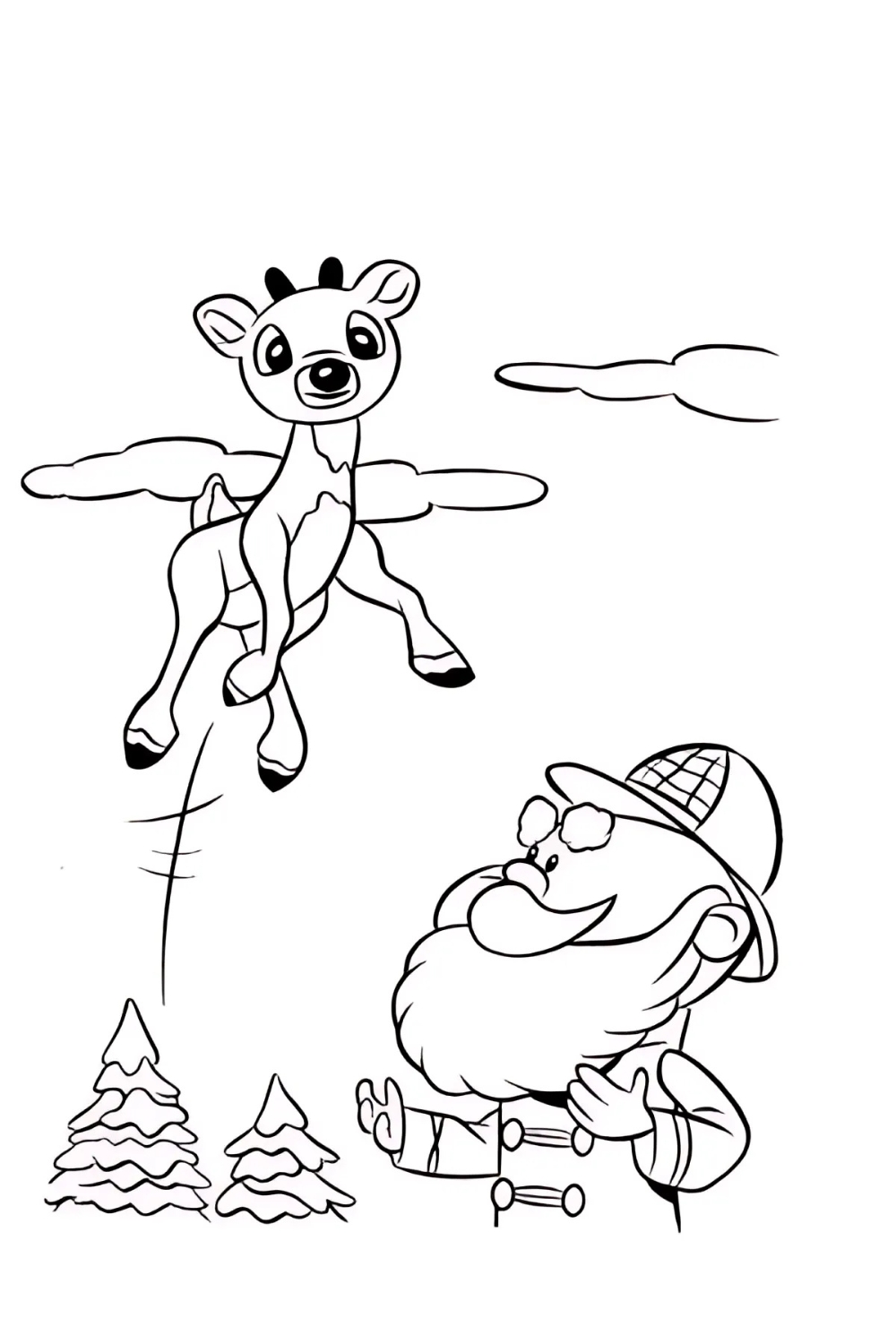 A black-and-white coloring page featuring a young reindeer, resembling Rudolph, and a man with a large beard, resembling Yukon Cornelius. The small reindeer is depicted in mid-air, as if jumping or flying over two small pine trees. The man, wearing an explorer's hat, stands on the right and looks up at the reindeer with a smile.