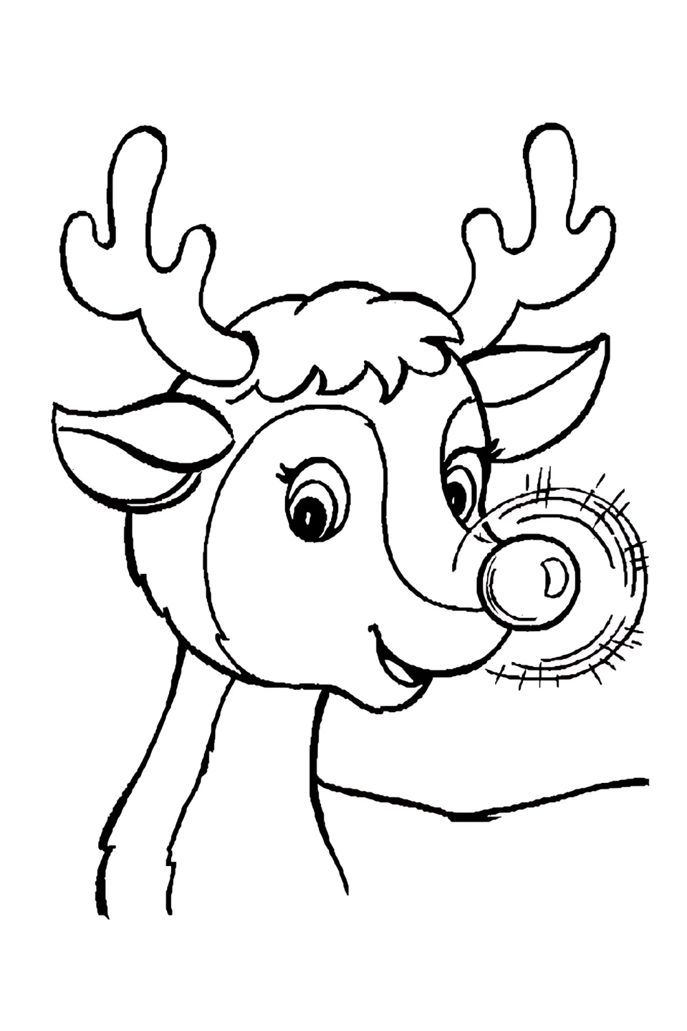 A black and white line art coloring page features a close-up of Rudolph the Red-Nosed Reindeer's head and upper neck. Rudolph has large, friendly eyes with eyelashes, a small smile, and fluffy hair between his antlers. His prominent nose is large and round, depicted with radiating lines and circles to indicate its glowing, red quality. His antlers are small and stylized with multiple points. The image is clearly a drawing meant for coloring.