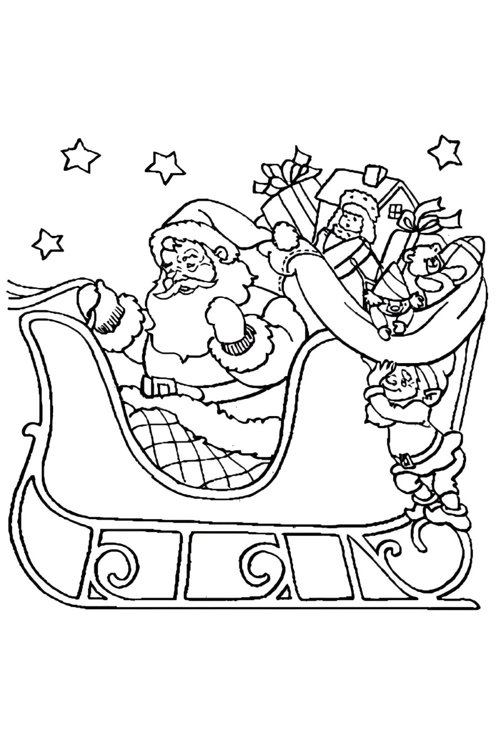 A black-and-white line art coloring page of Santa Claus riding in his sleigh. Santa is seated in the front, smiling, with his hands on the reins. The sleigh is filled with a large sack overflowing with wrapped gifts and toys. Three small elves are playfully clinging to the back of the sleigh and the sack of presents. The sky above contains several outlined stars.