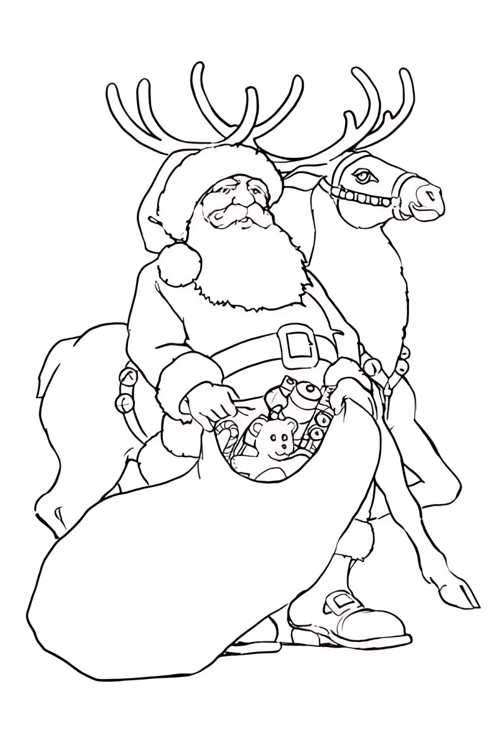 A black-and-white coloring page of Santa Claus riding on the back of a reindeer. Santa, with his full beard and classic suit, is holding open a large sack in front of him, revealing toys inside like a teddy bear and a toy soldier. The reindeer has large antlers and is wearing a bridle.