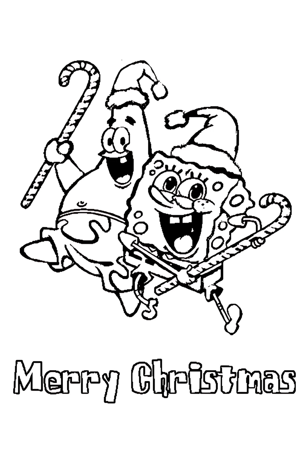 A black-and-white line art coloring page featuring the cartoon characters SpongeBob SquarePants and Patrick Star. Both are wearing Santa hats and joyfully holding large candy canes. They have excited, open-mouthed expressions. Below the characters, the words "Merry Christmas" are written in a large, blocky, outlined font, ready to be colored in.
