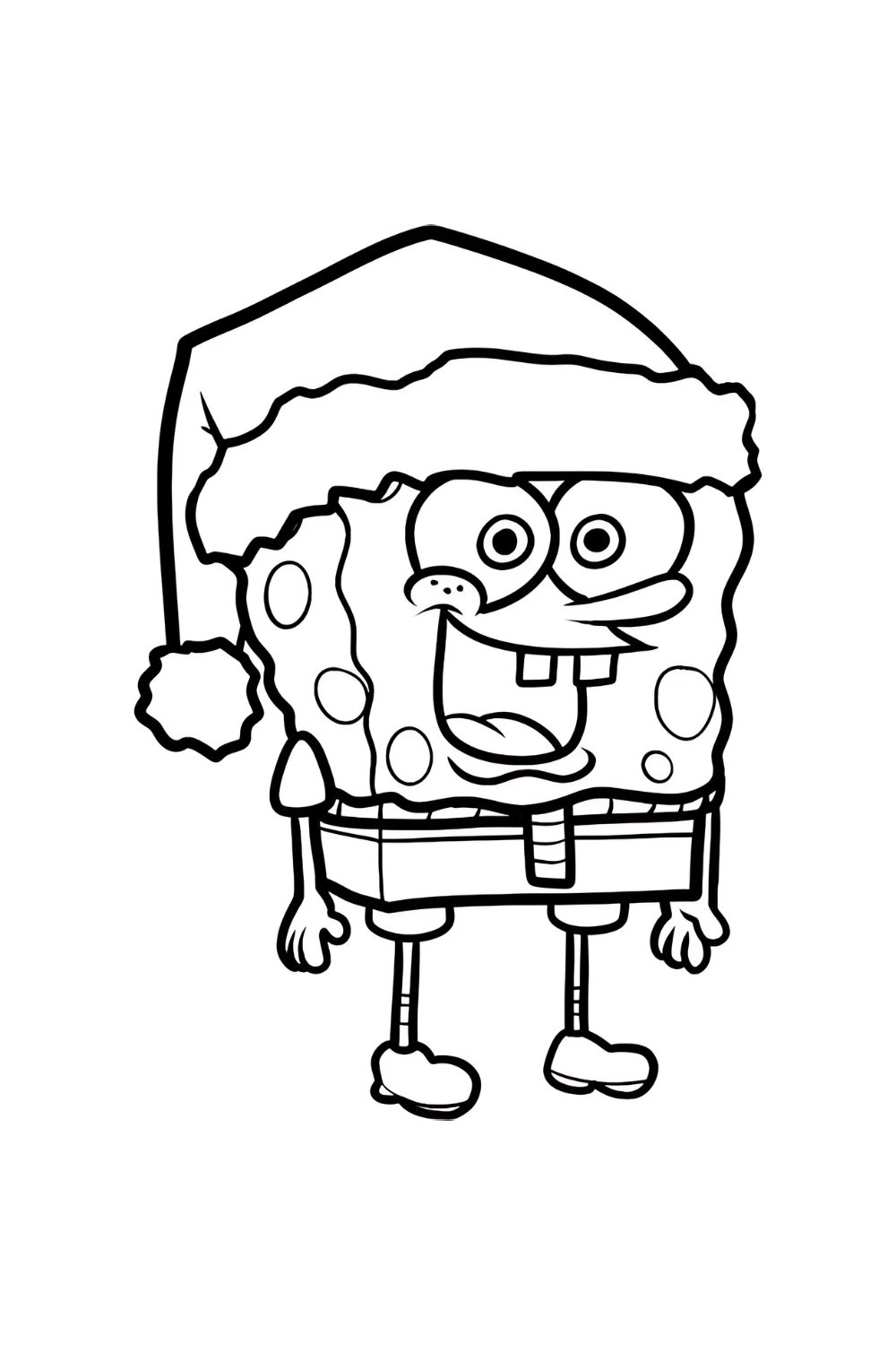 A black-and-white line art coloring page of SpongeBob SquarePants. He is standing facing forward with a wide, cheerful smile, showing his two front teeth. He is wearing his signature square pants and a large, festive Santa hat with fluffy trim and a pom-pom.