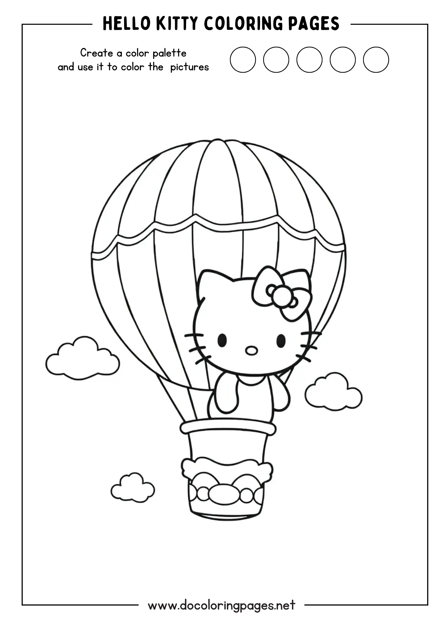 An adventurous hello kitty coloring page showing Hello Kitty in the basket of a hot air balloon, floating amongst clouds.