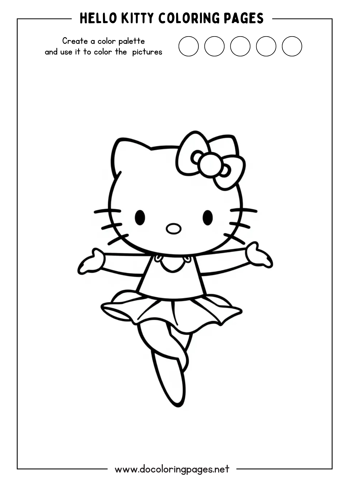 An outline illustration showing Hello Kitty in a ballerina pose with a tutu, ideal for hello kitty coloring pages.